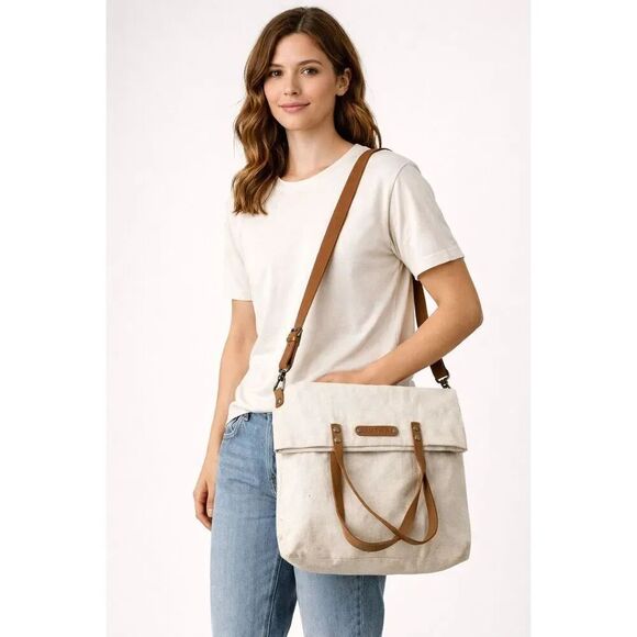 LIVTHAI Handbags - LIVTHAI Canvas Leather Foldover Tote Crossbody Beige